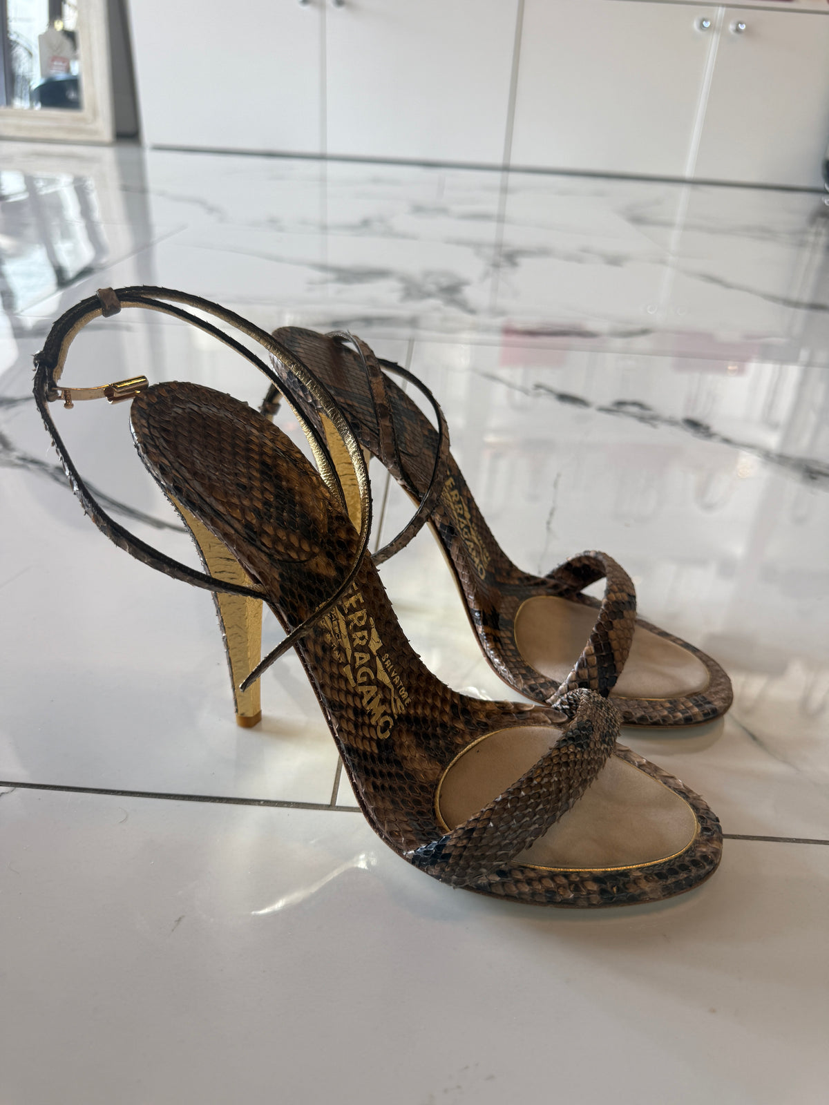 Salvatore Ferragamo Python Strapped Heels | Luxury Pre-Owned