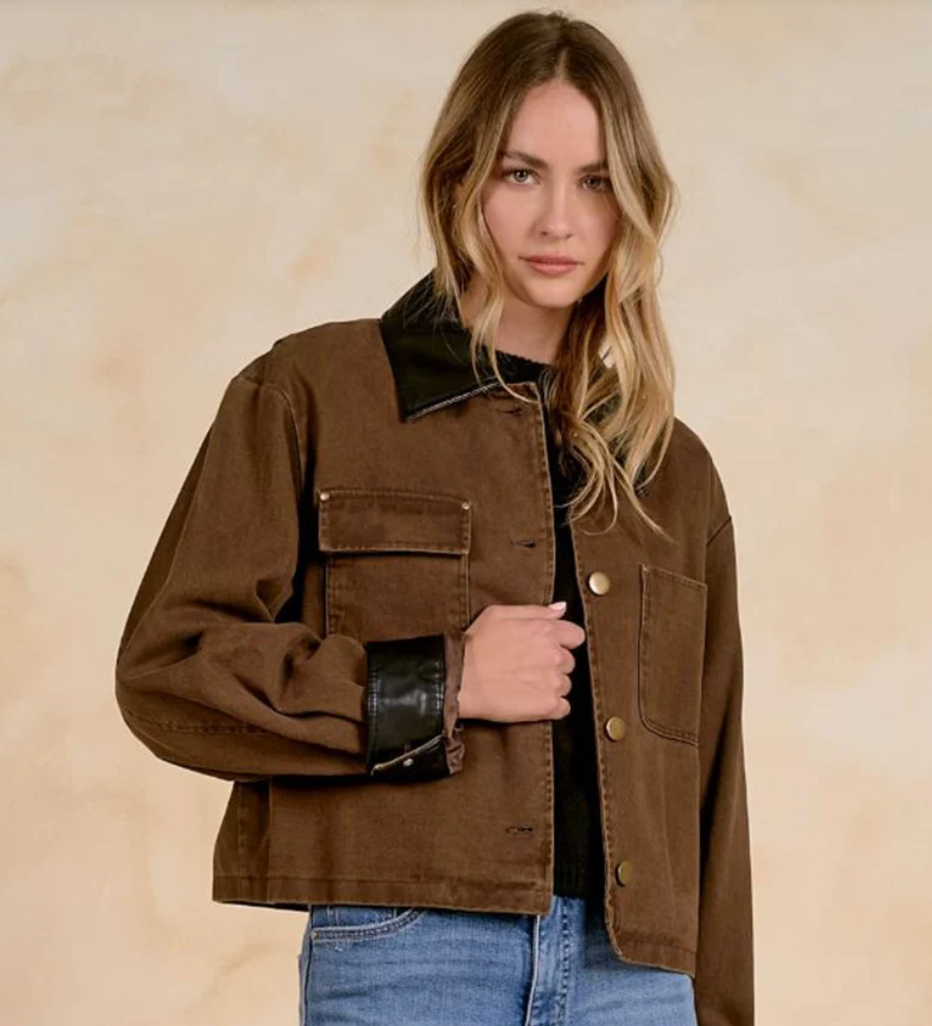 Elan Cocoa Leather Trim Jacket