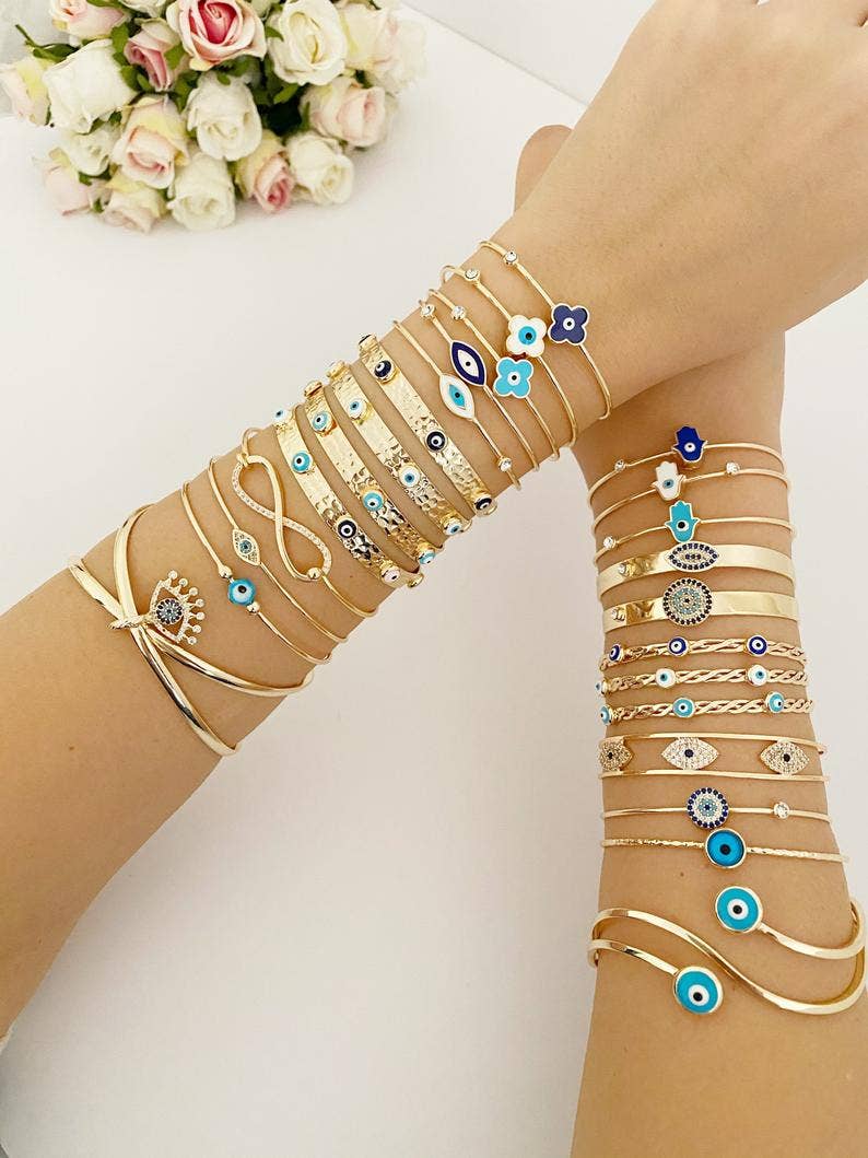 Evil Eye Cuff Bracelet, Gold Evil Eye Jewelry, Bangle Bracelet, 25 Styles