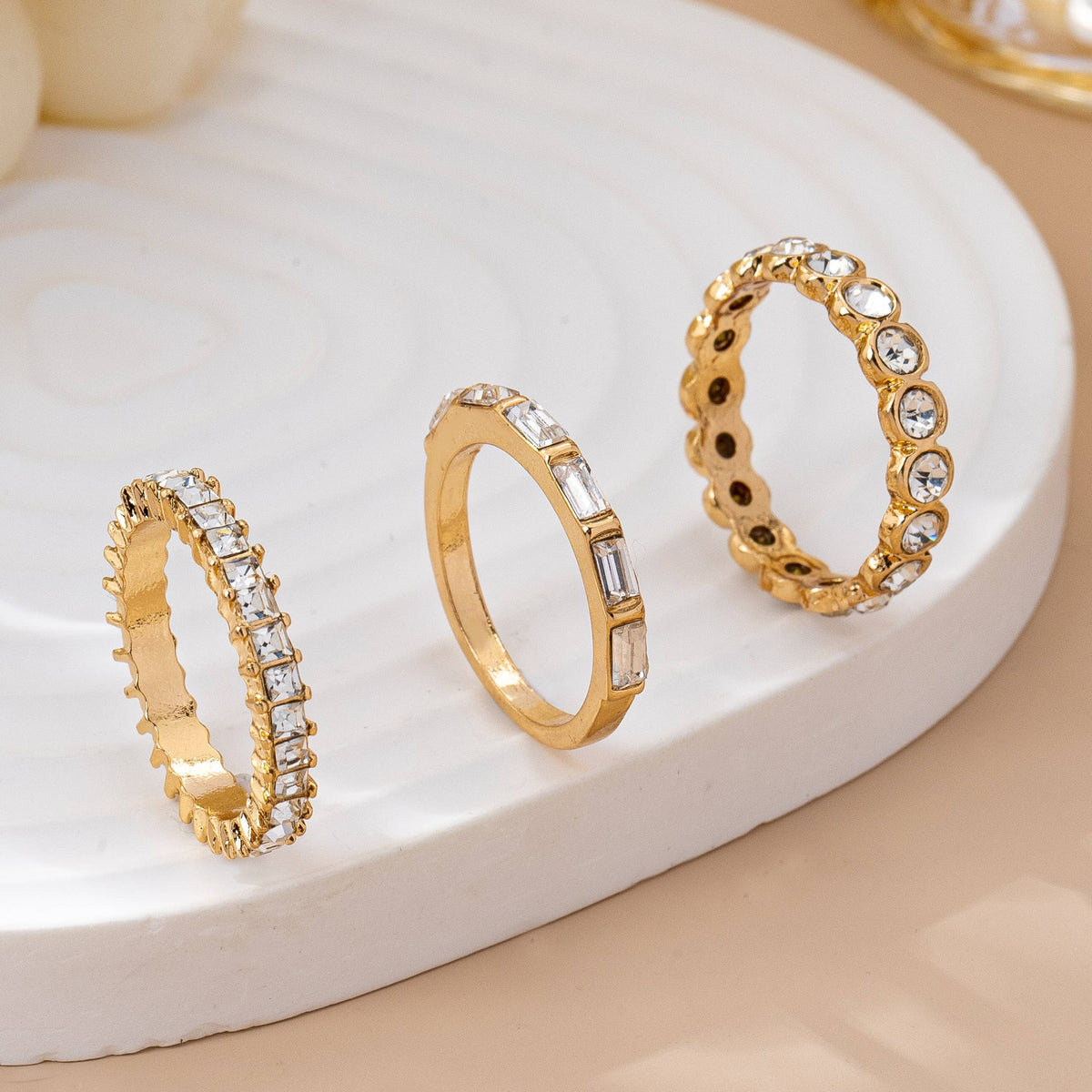 L'Atelier Collection Gold-Tone Triple Crystal Stacking Ring Set