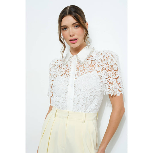 Pearl Embellished Collar Lace Blouse