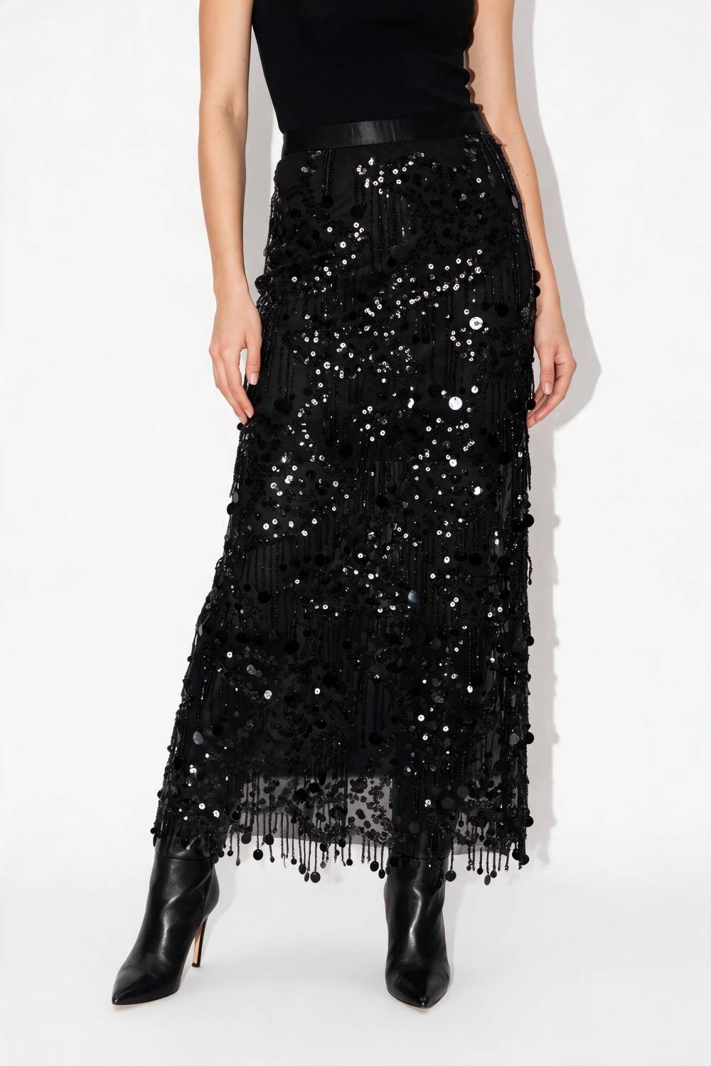 Sequin Fringe Embellished Maxi Skirt