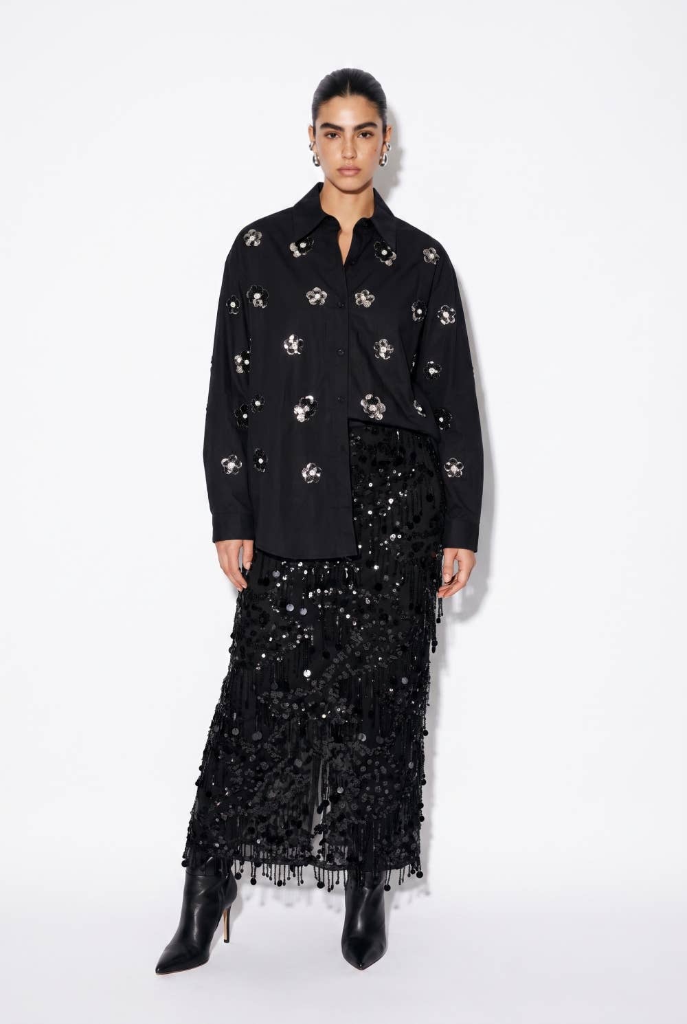 Sequin Floral Embellished Button-Down Shirt