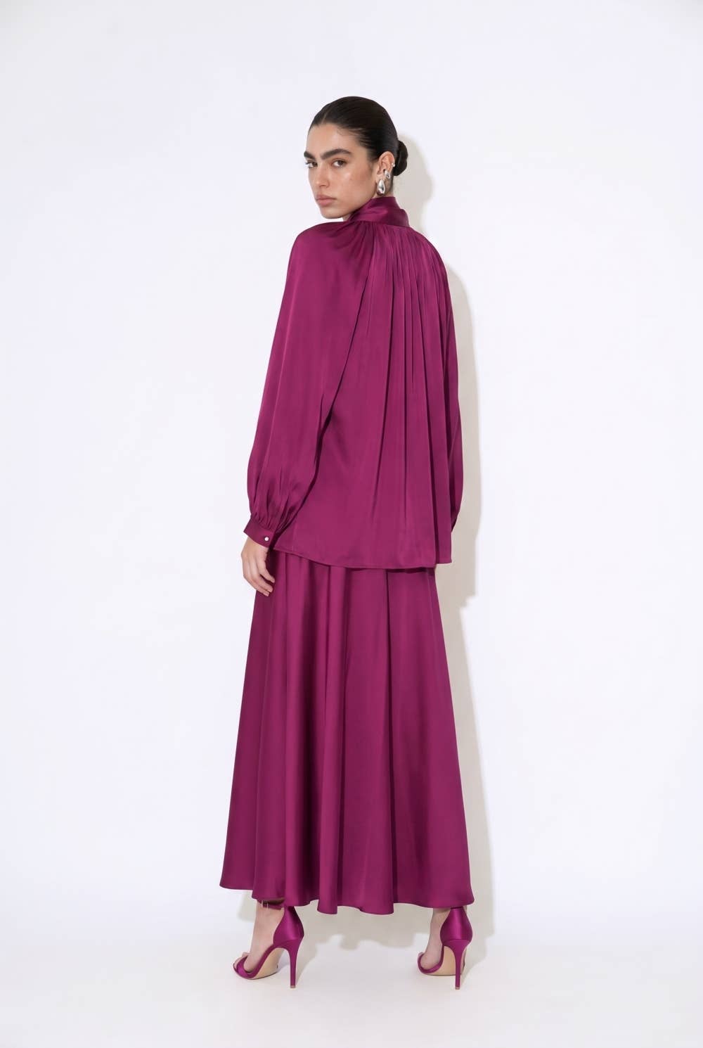 Satin Bow-Tie Blouse and Maxi Skirt Set