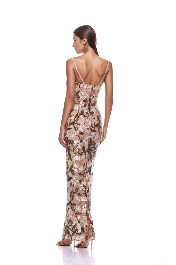 Sequined Embroidered Floral Suspender Party Dress