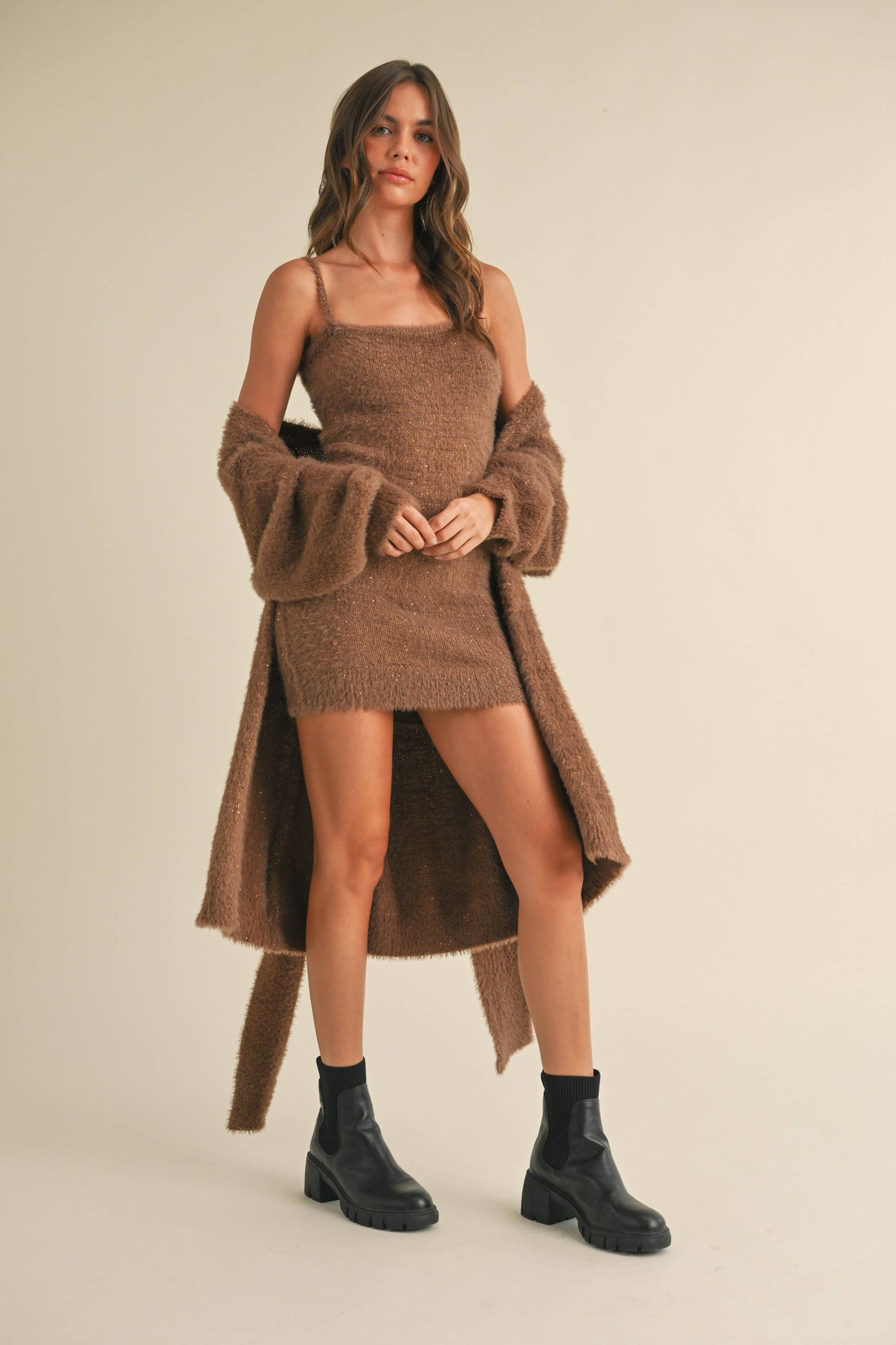 SOFT SLEEVELESS TUBE MINI DRESS AND CARDIGAN SET