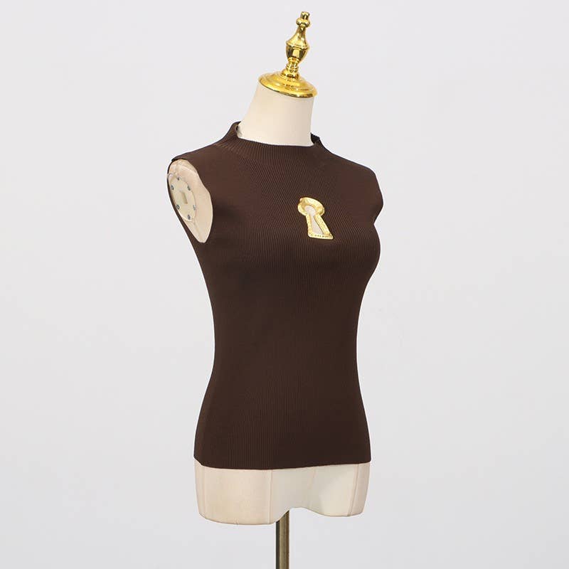 High Neck Sleeveless Vest with Keyhole Accent