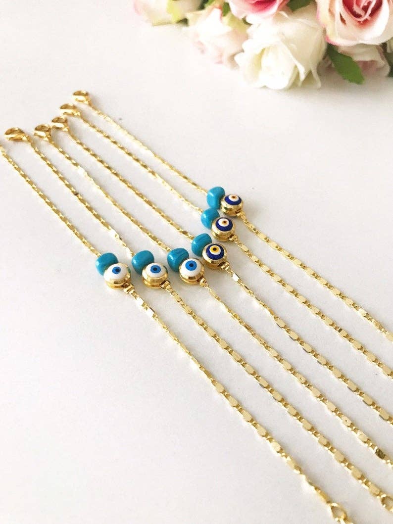 Gold Chain Bracelet, Evil Eye Bead, Blue White Evil Eye Bead, Greek Jewelry