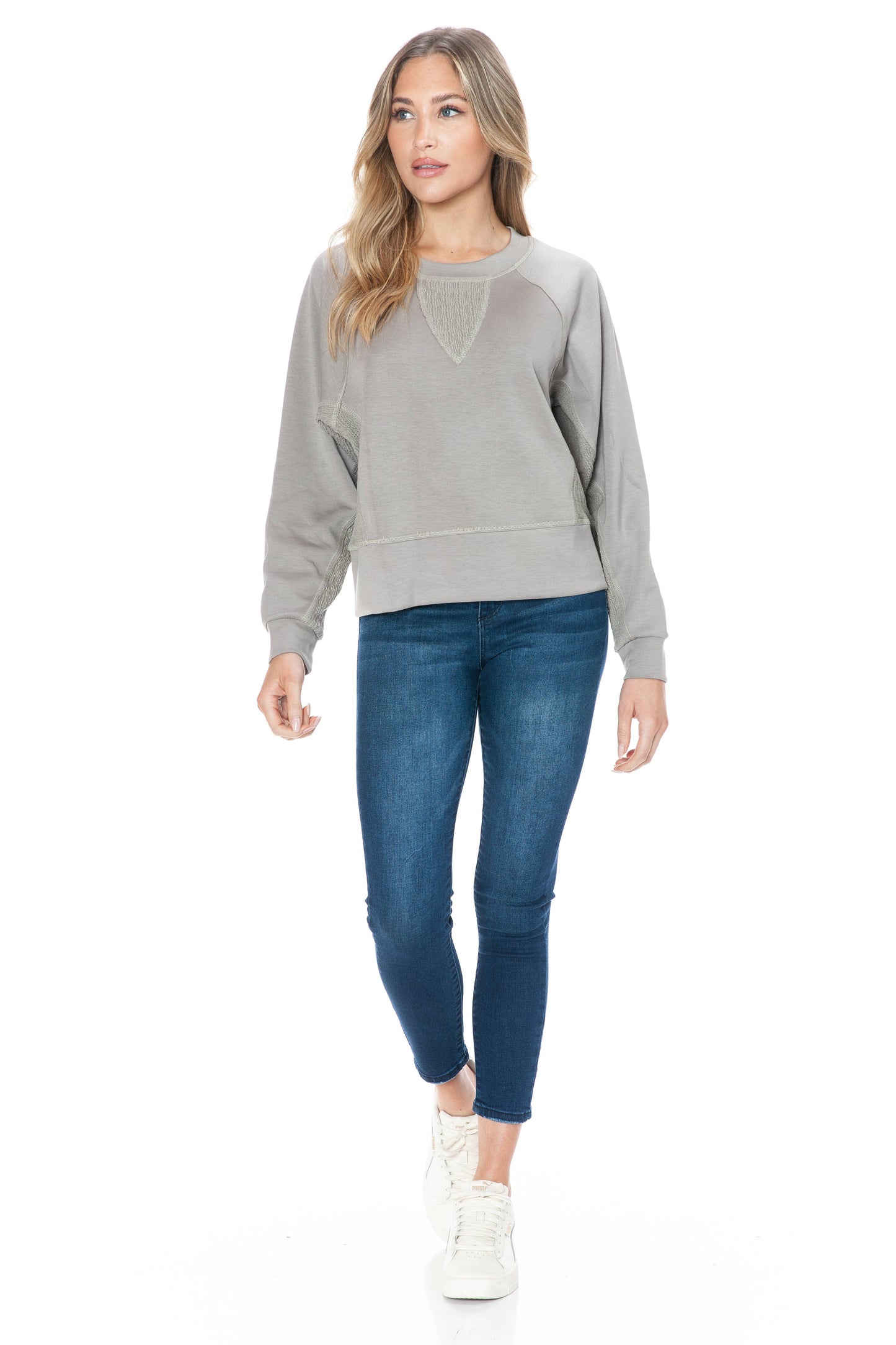 Long Sleeve Crew-Neck Mix Media Scuba Top