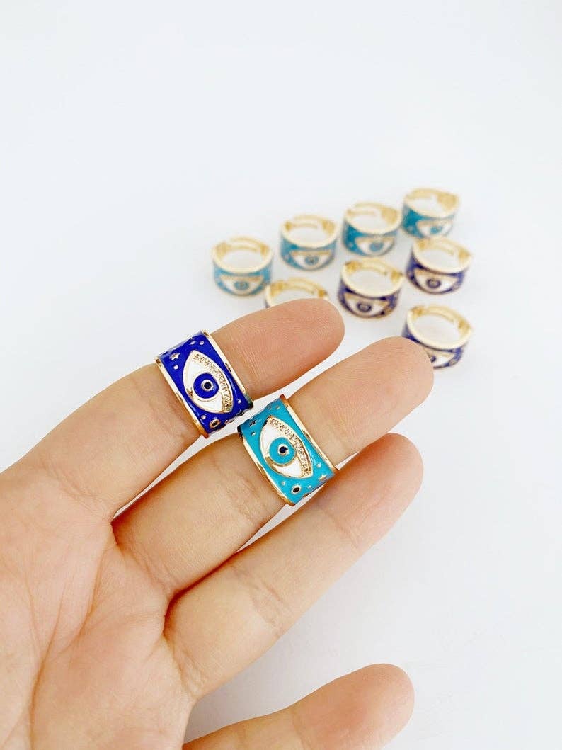 Evil Eye Ring, Wide Band Ring, Gold Ring, Blue Evil Eye Ring, Evil Eye Jewelry