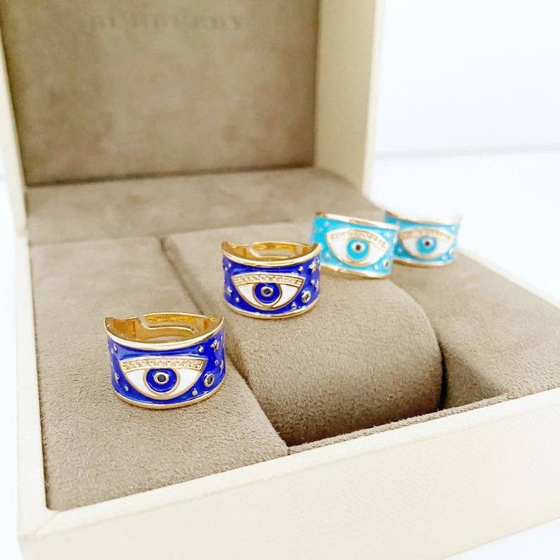 Evil Eye Ring, Wide Band Ring, Gold Ring, Blue Evil Eye Ring, Evil Eye Jewelry