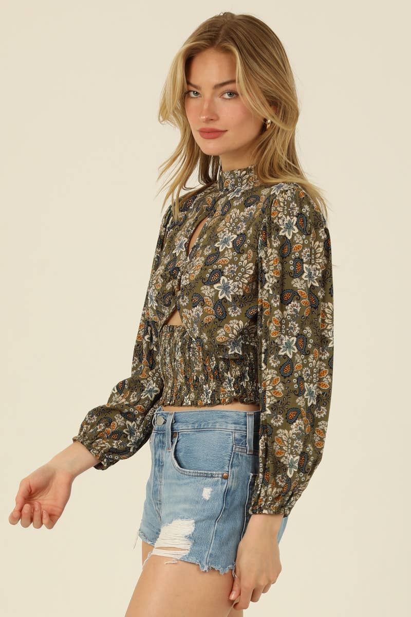 HIGH NECK LONG SLEEVE BLOUSE WITH CUT OUT DETAILS
