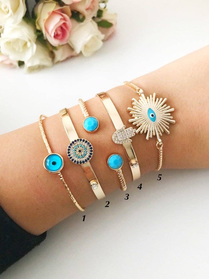 Bangle Bracelet, Blue Evil Eye Bracelet, Hamsa Bracelet