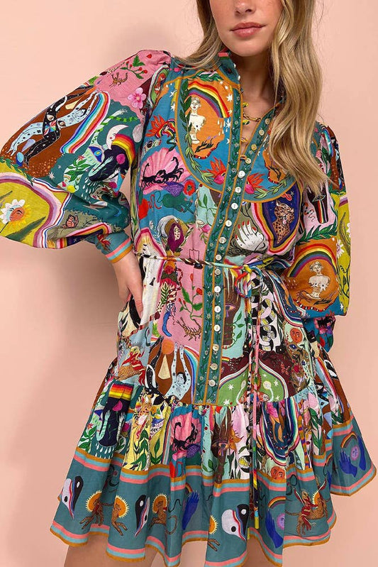 Printed Button Ruffles Dress