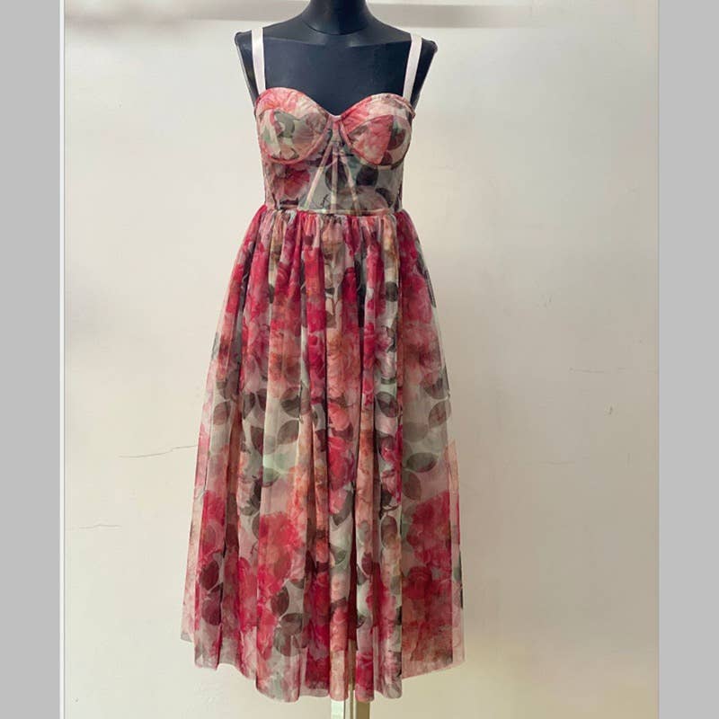 Floral Mesh Suspender Dress - Slim Waist A-Line Swing