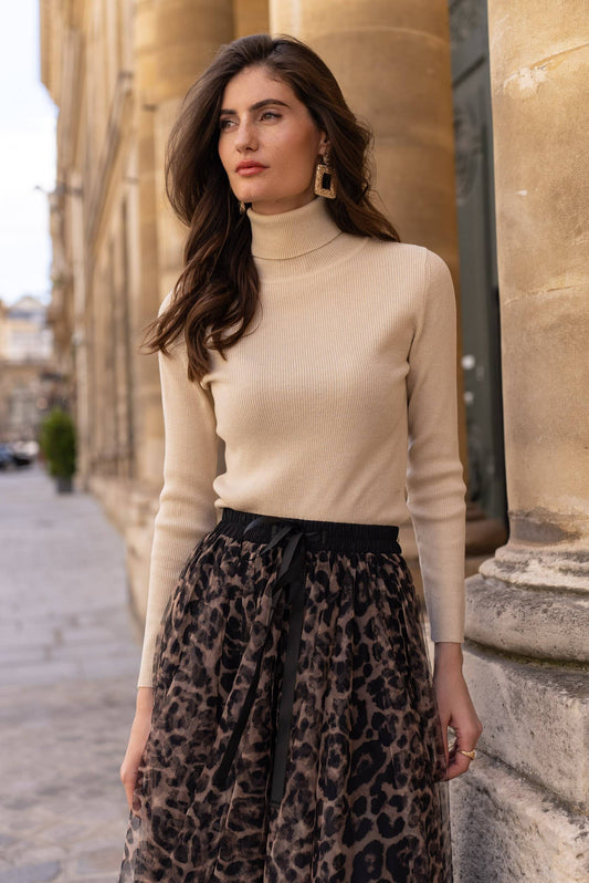 Ribbed turtleneck sweater in wool and lurex