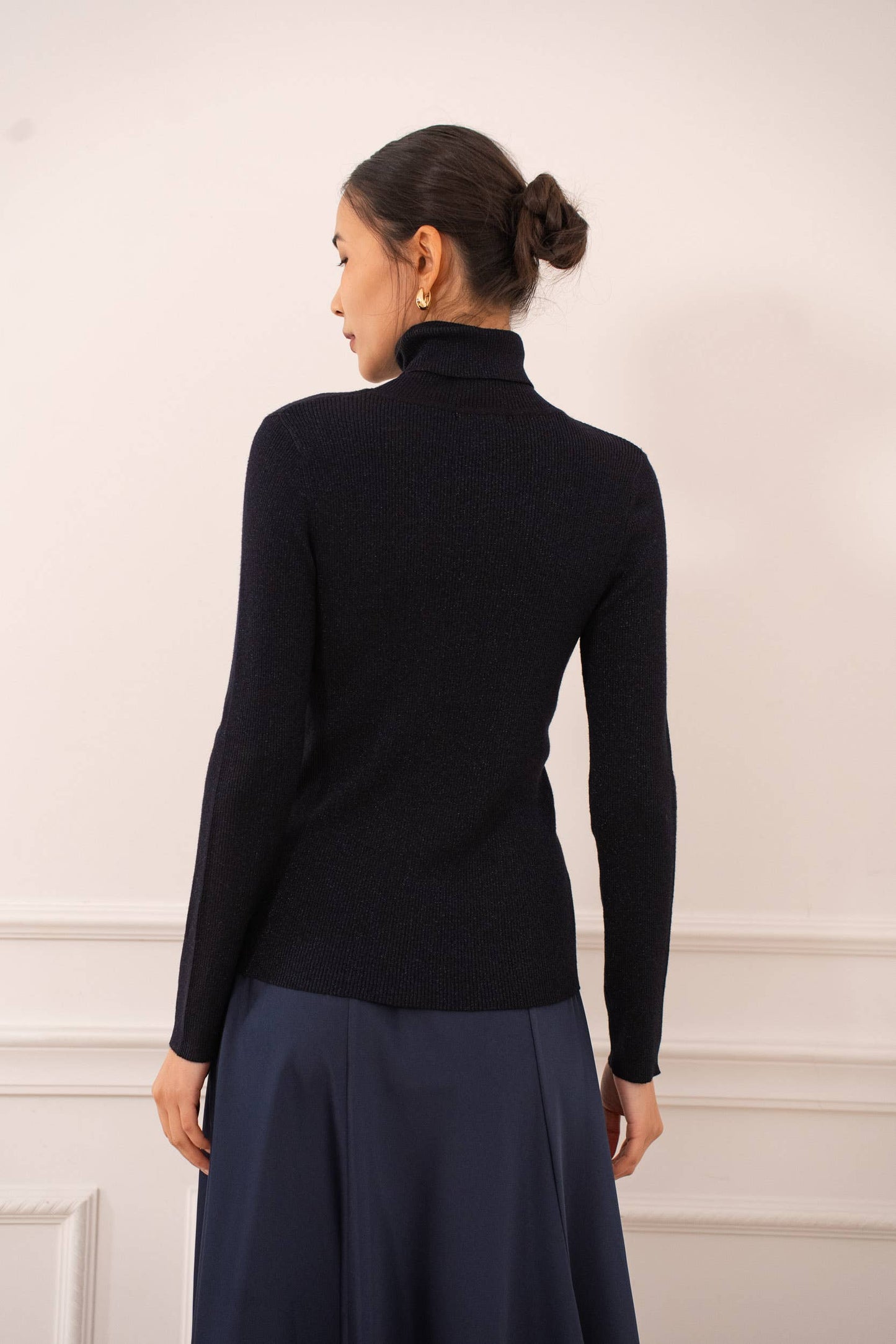 Ribbed turtleneck sweater in wool and lurex