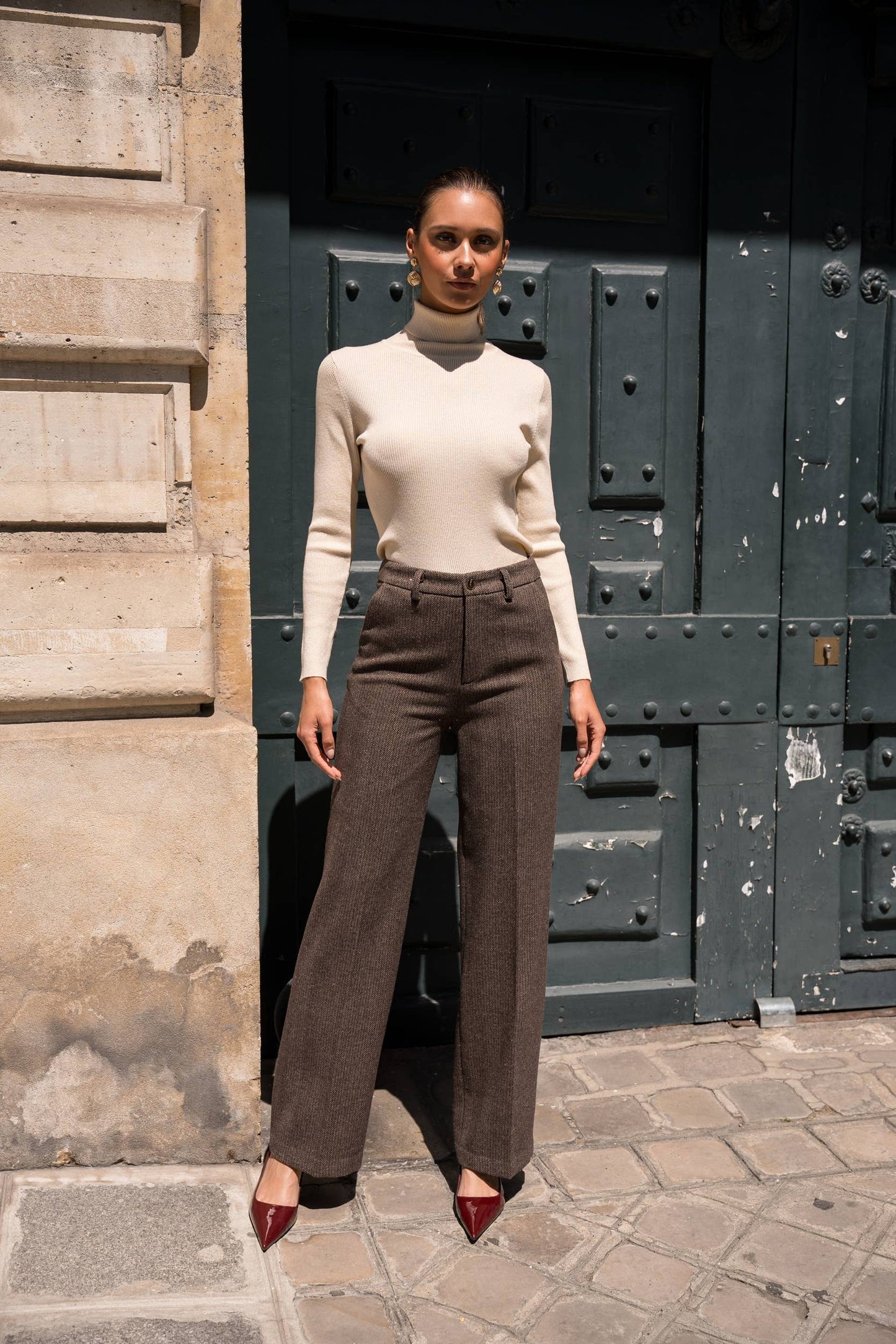 Straight Long Trousers in Herringbone Wool Blend