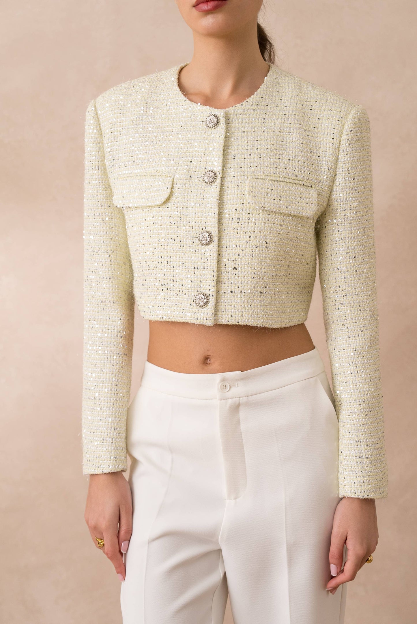 Short sequin tweed collarless jacket