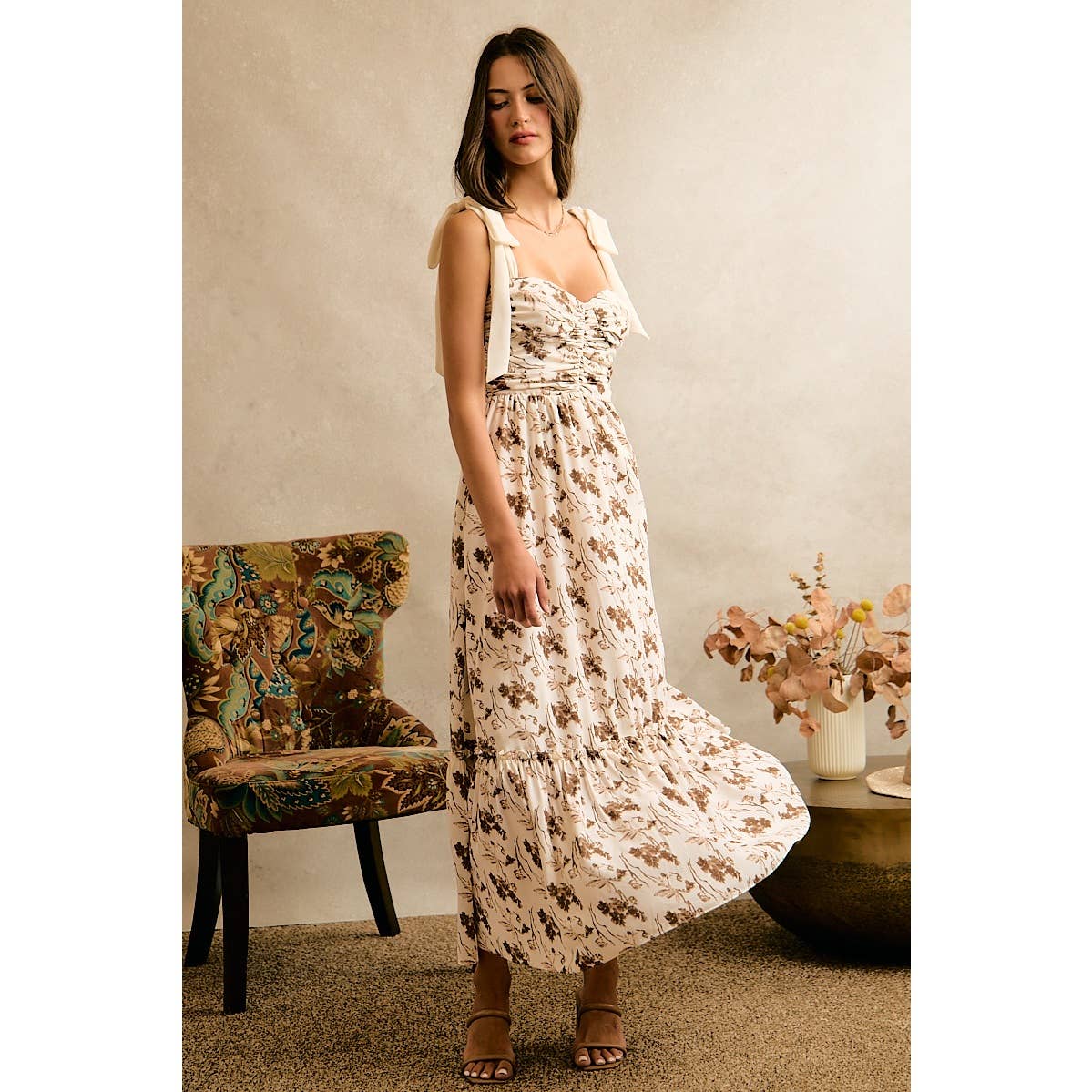 Floral Print Ribbon Strap Bustier Dress