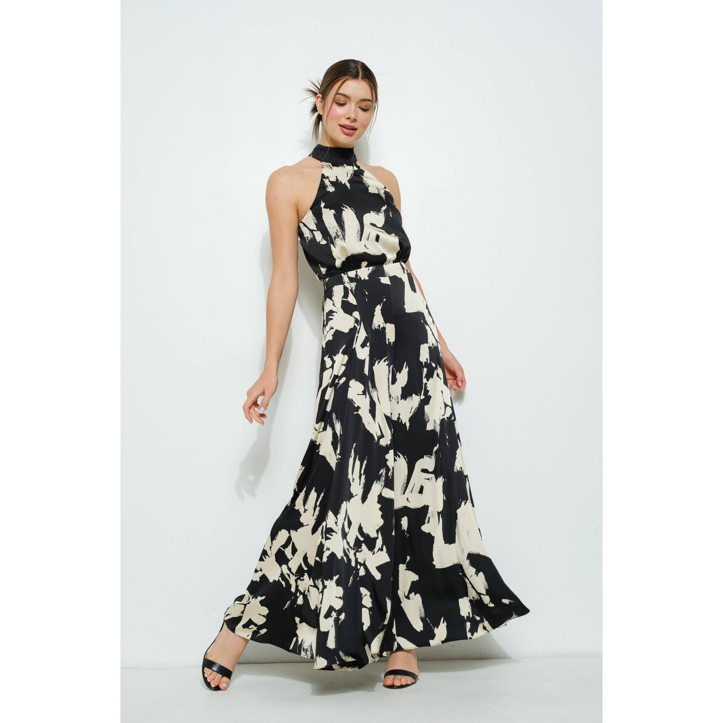 Abstract Print Halter Neck Wide-Leg Jumpsuit