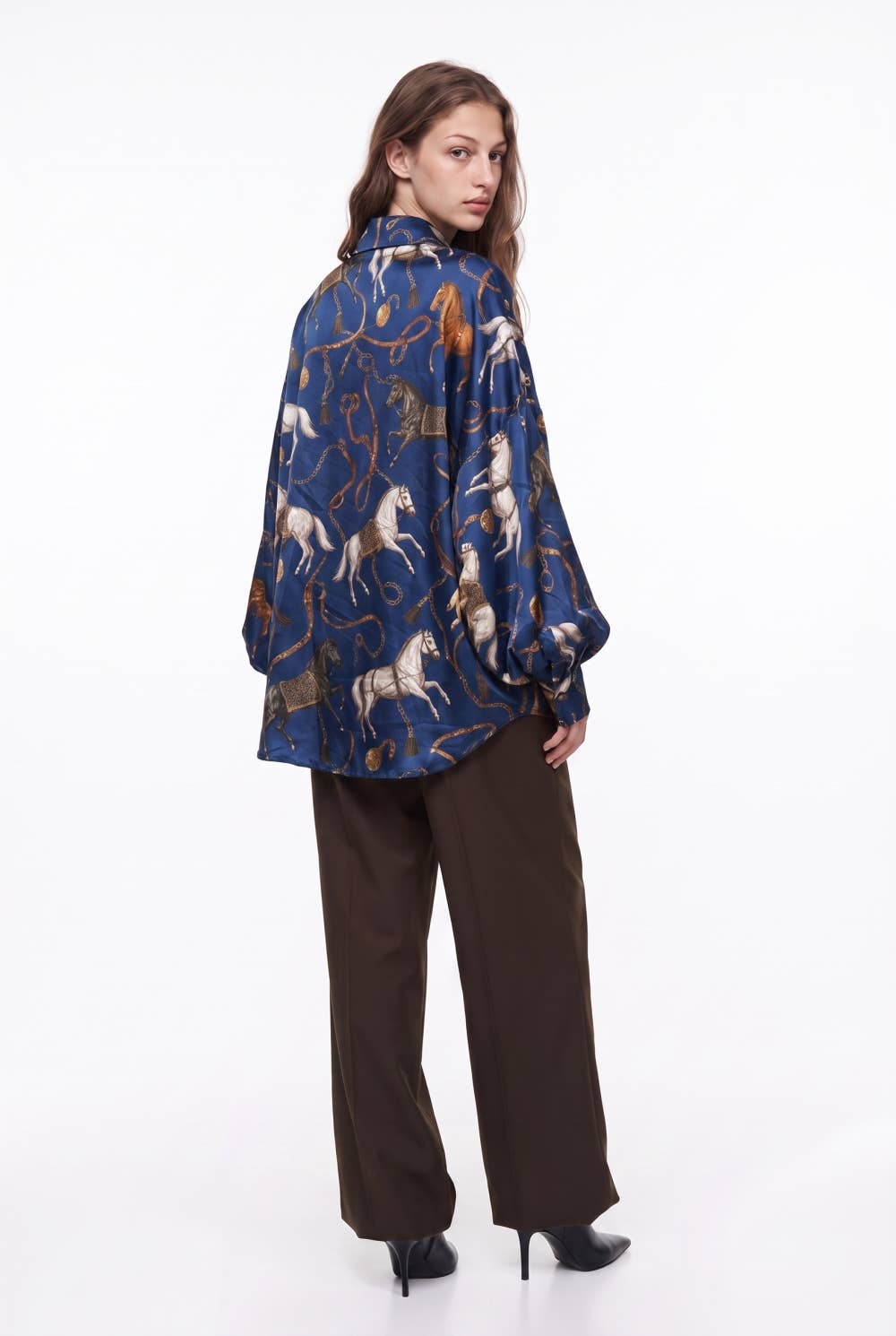 Oversized Equestrian Print Silky Shirt with Puff Sleeves