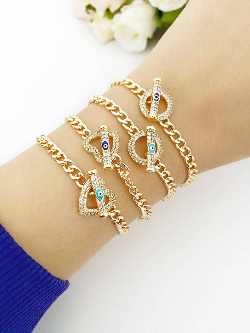 Evil Eye Toggle Bracelet, Gold Chain Bracelet, Heart Charm Bracelet