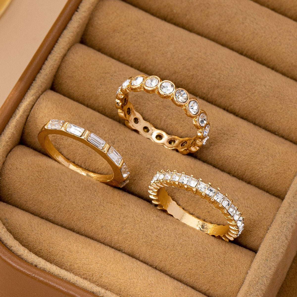 L'Atelier Collection Gold-Tone Triple Crystal Stacking Ring Set