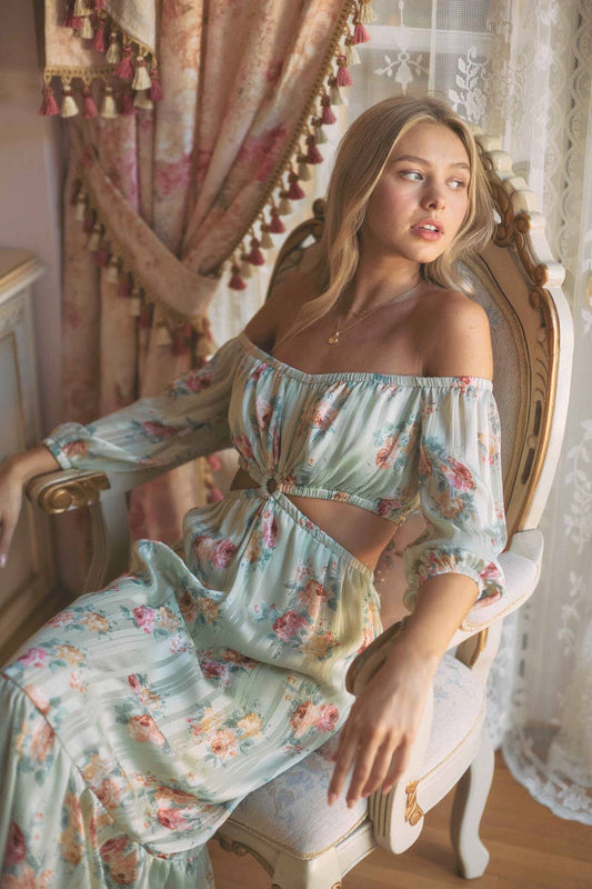 FLORAL SHADOW STRIPE OFFSHOULDER CUT OUT DRESS