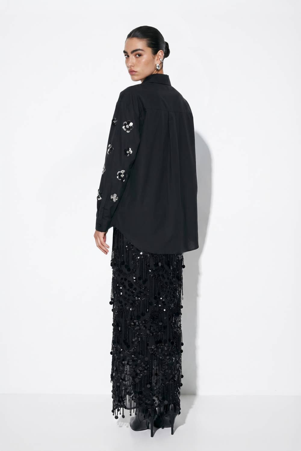 Sequin Floral Embellished Button-Down Shirt