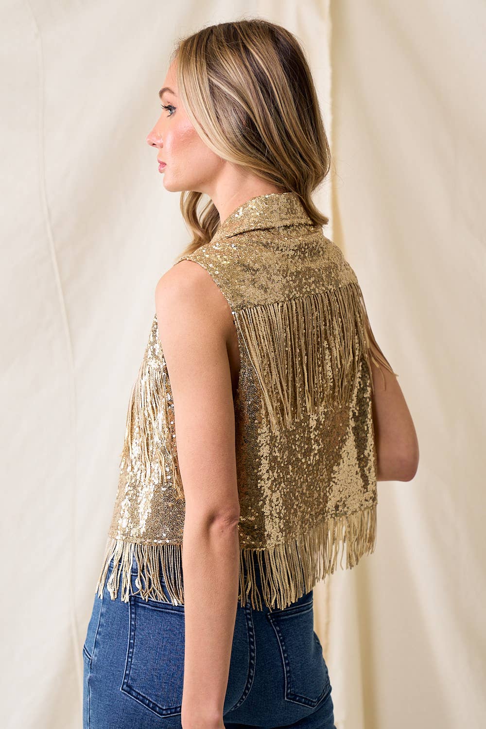 GOLD SEQUIN VEST WITH FRINGE WESTERN