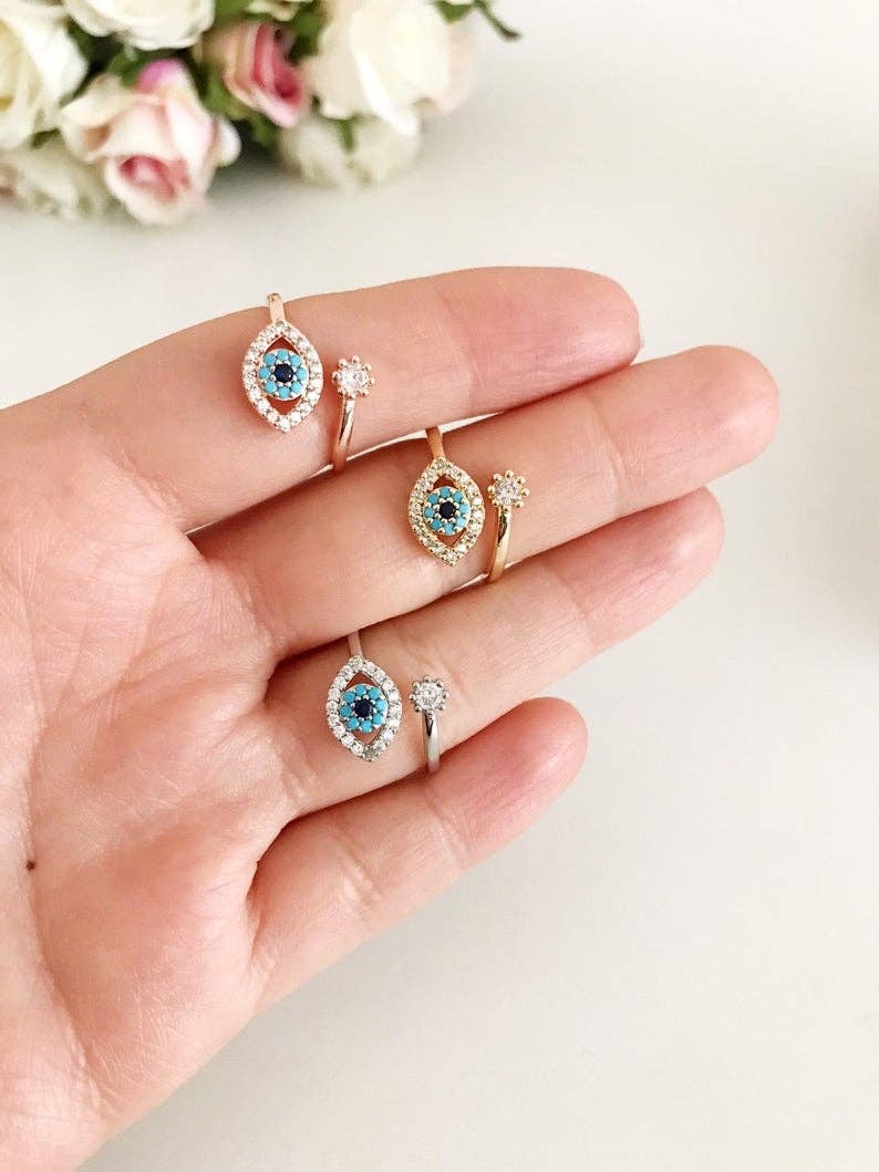 Adjustable Evil Eye Ring, Zircon Evil Eye Ring, Rose Gold Silver Ring