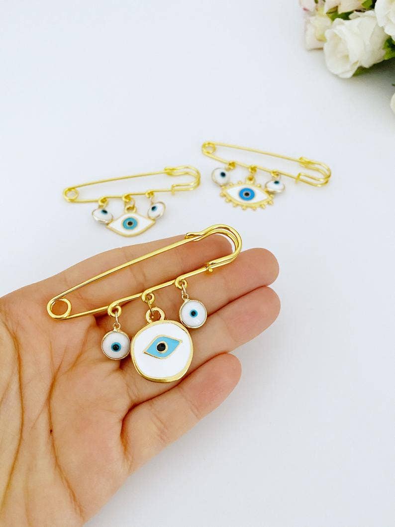 Evil Eye Handmade Safety Pin, Gold Safety Pin for Protection
