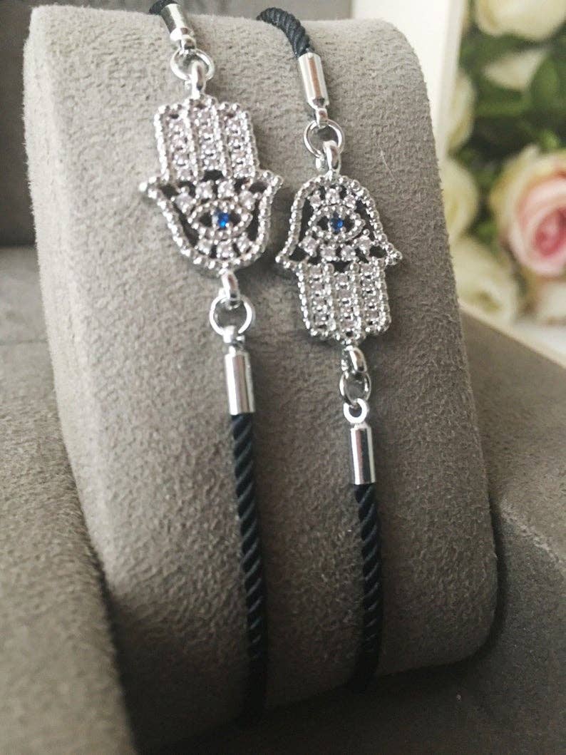 Hamsa Hand Bracelet, Adjustable Black String Bracelet, Rose Gold Silver
