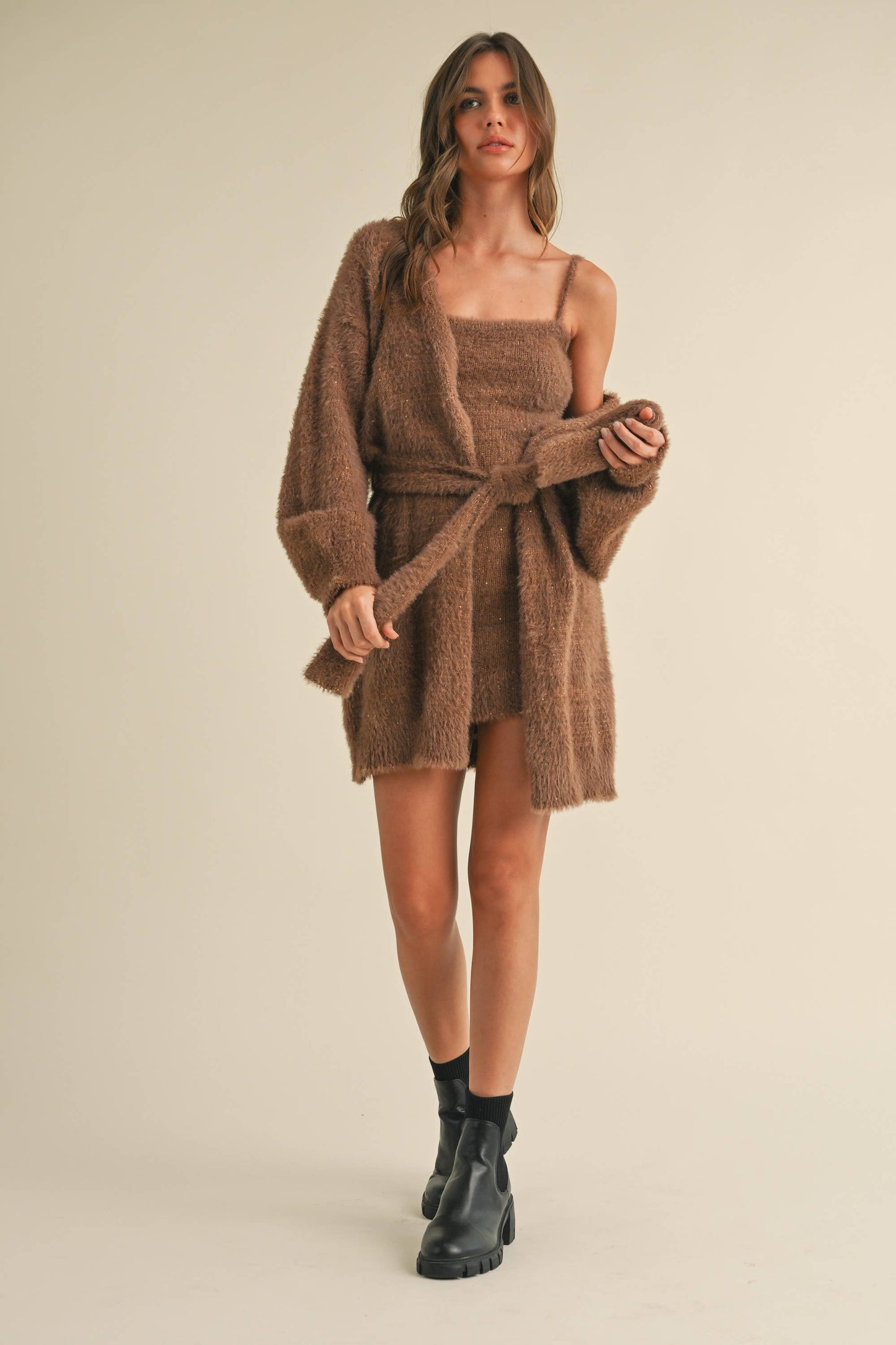 SOFT SLEEVELESS TUBE MINI DRESS AND CARDIGAN SET