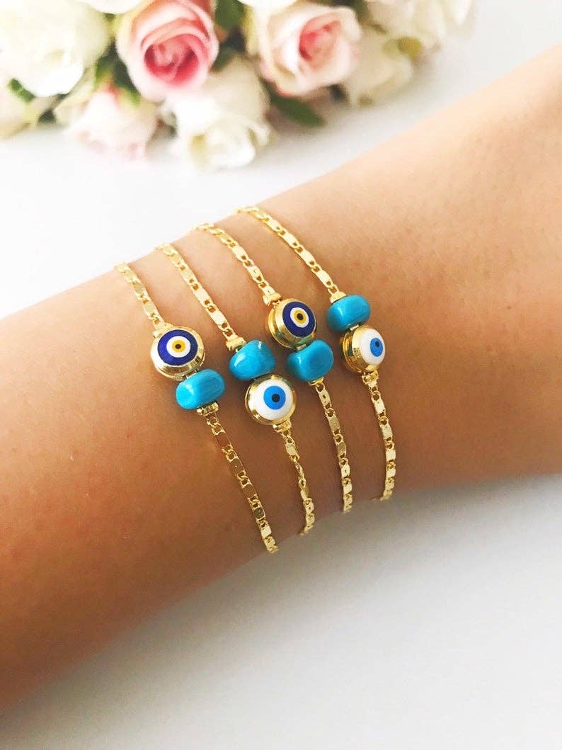Gold Chain Bracelet, Evil Eye Bead, Blue White Evil Eye Bead, Greek Jewelry