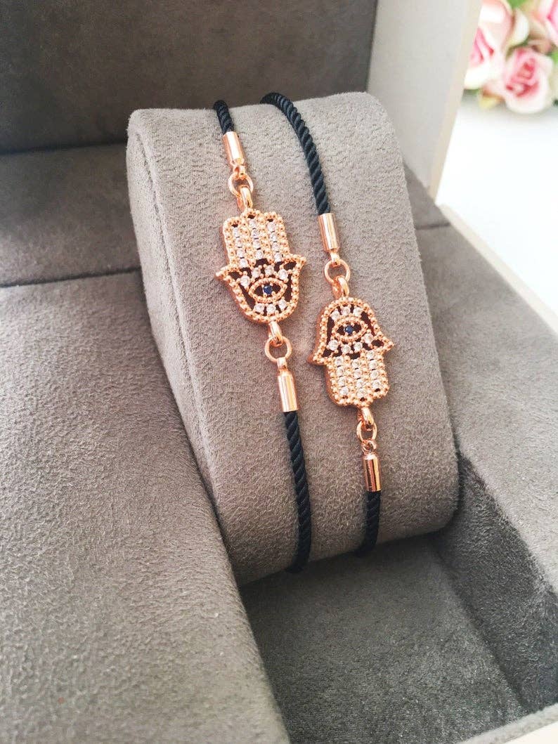 Hamsa Hand Bracelet, Adjustable Black String Bracelet, Rose Gold Silver