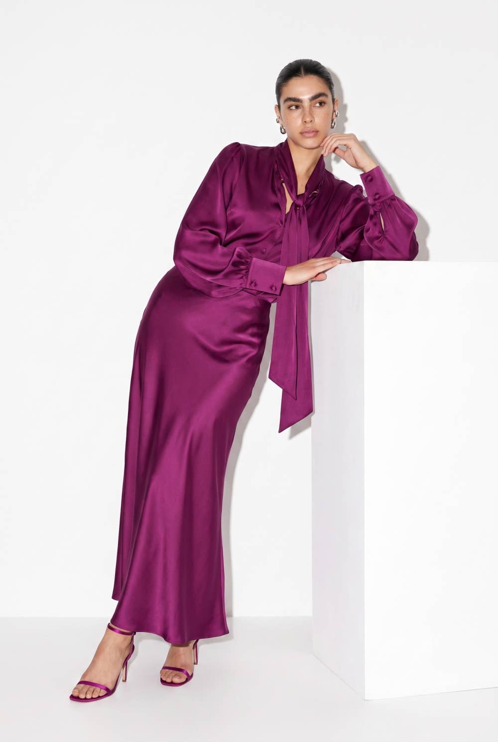 Satin Bow-Tie Blouse and Maxi Skirt Set
