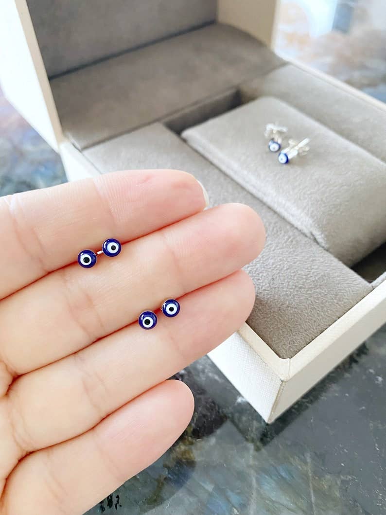 Navy Blue Evil Eye Earrings, Gold Silver Stud Earrings, Dainty Evil Eye Jewelry,