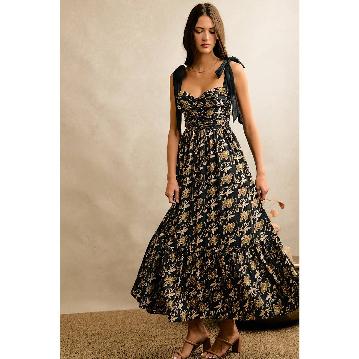 Floral Print Ribbon Strap Bustier Dress