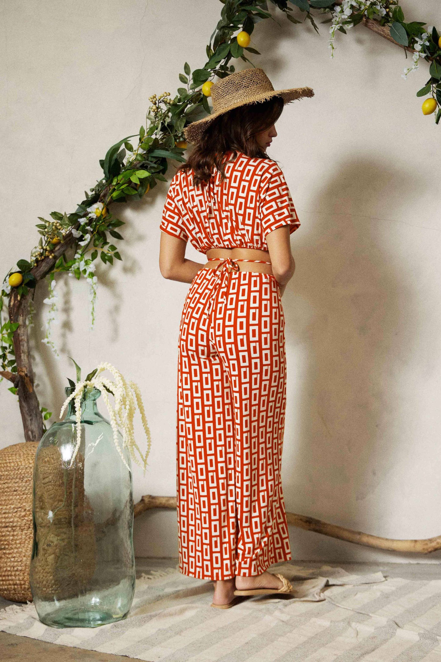 Retro Print Wrap Ties Jumpsuit