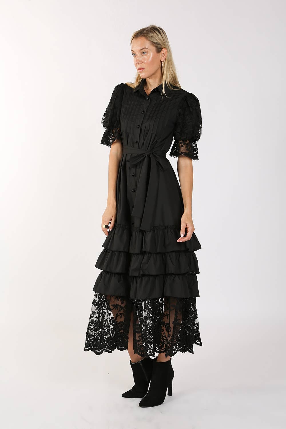 Mixed-Media Lace Tiered Shirt Dress