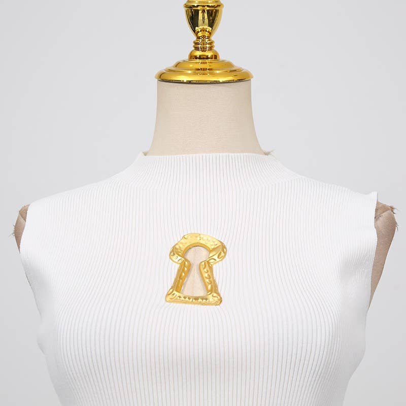 High Neck Sleeveless Vest with Keyhole Accent