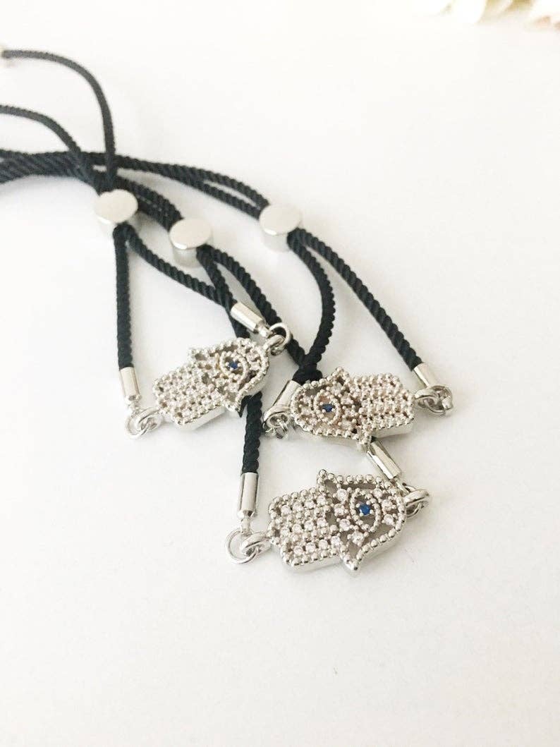 Hamsa Hand Bracelet, Adjustable Black String Bracelet, Rose Gold Silver