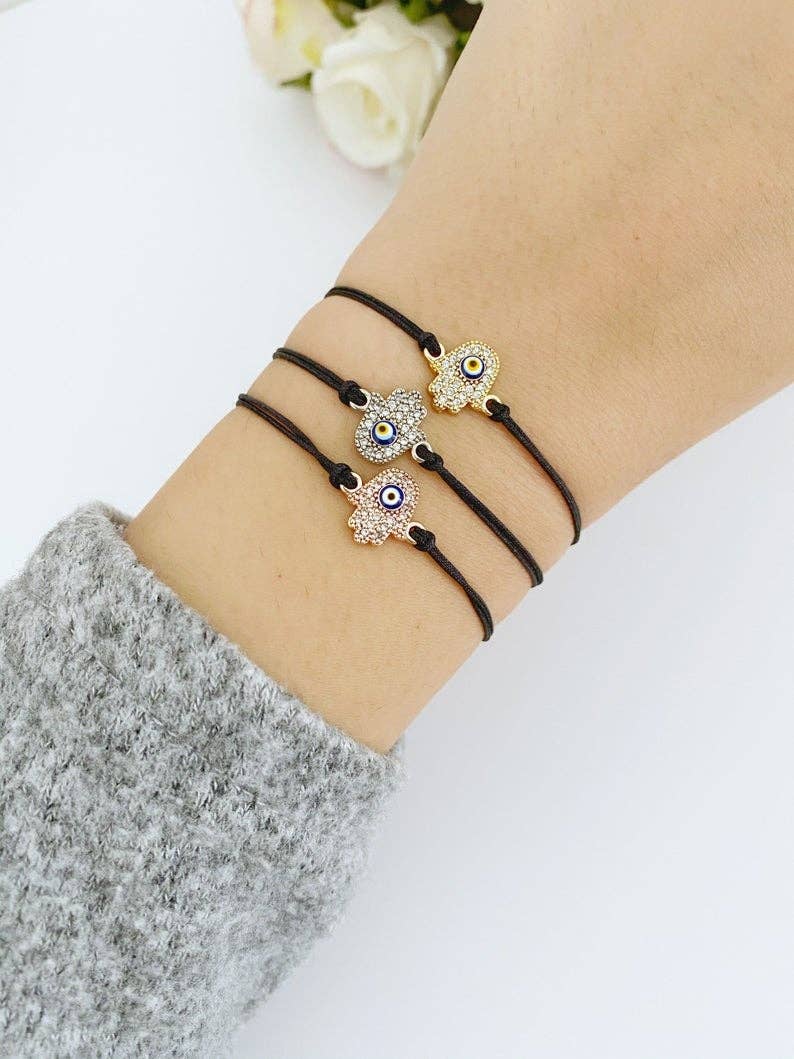 Evil Eye Bracelet, Hamsa Charm Bracelet, Evil Eye Beads, Black String Bracelet