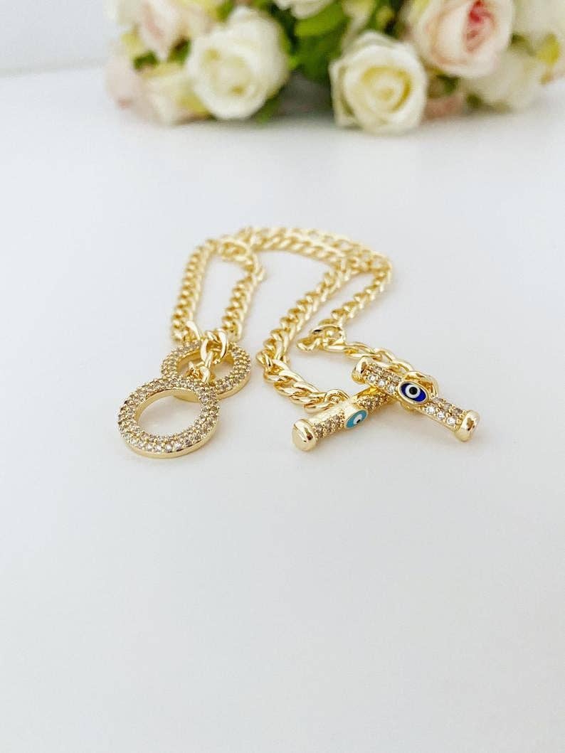 Evil Eye Toggle Bracelet, Gold Chain Bracelet, Heart Charm Bracelet