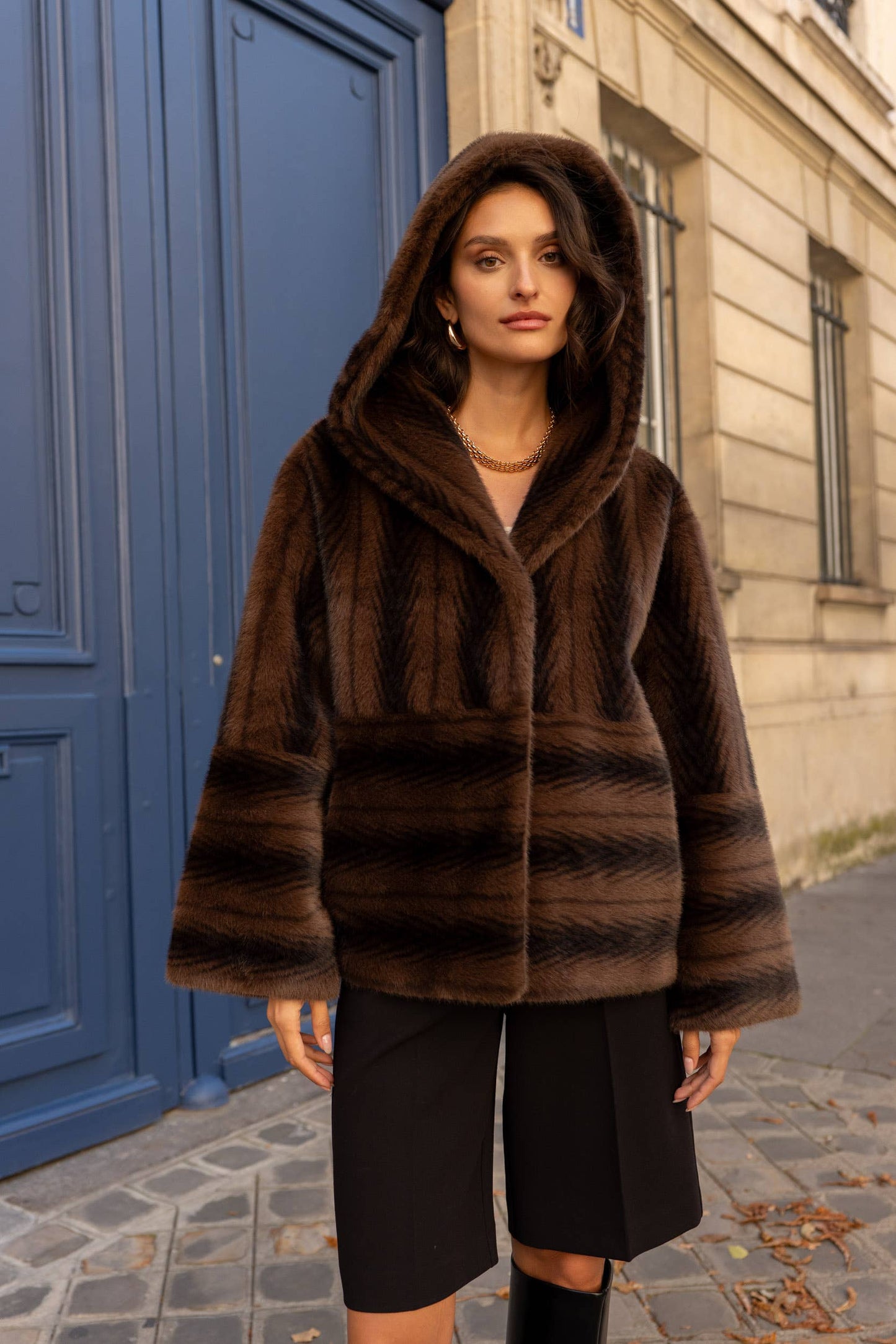 Short Vegan Fur Coat with Herringbone Pattern and Hood