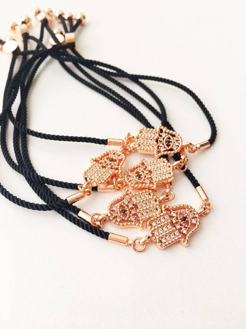 Hamsa Hand Bracelet, Adjustable Black String Bracelet, Rose Gold Silver