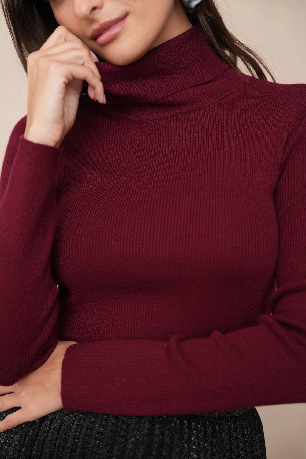 Ribbed turtleneck sweater in wool and lurex