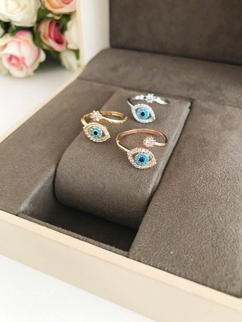Adjustable Evil Eye Ring, Zircon Evil Eye Ring, Rose Gold Silver Ring